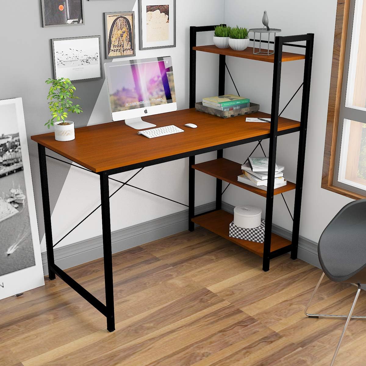 Vanimeu Brown Walnut Computer Desk with 4 Tier Shelves Bookcase PC Desk Writing Desk Study Table Home Office Workstation (Brown)