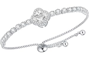 POWER WING Tennis Bracelets for Women Four Leaf Clover Lucky Bracelet 6-9 Inchs Adjustable Slider Bracelets White Gold Plated Birthstone Bracelets New Years Gifts for Women