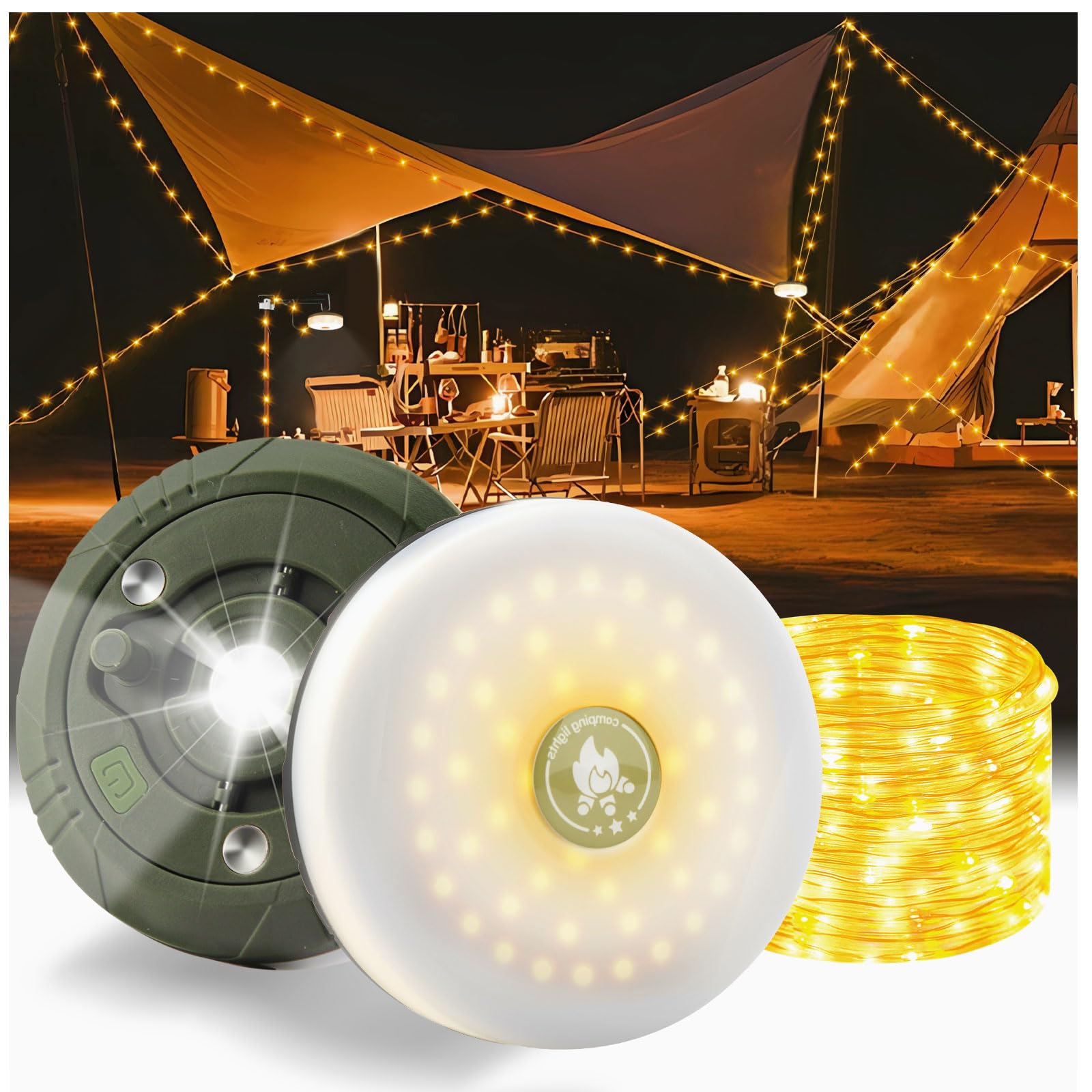 Audasi 66FT/20M Retractable Camping String Lights Reel, Portable Stowable Strip Light with 8 Modes 2-in-1 Camping Lanterns for Outdoor Campsite Awning Bedroom Backyard Patio Party Festival Decor