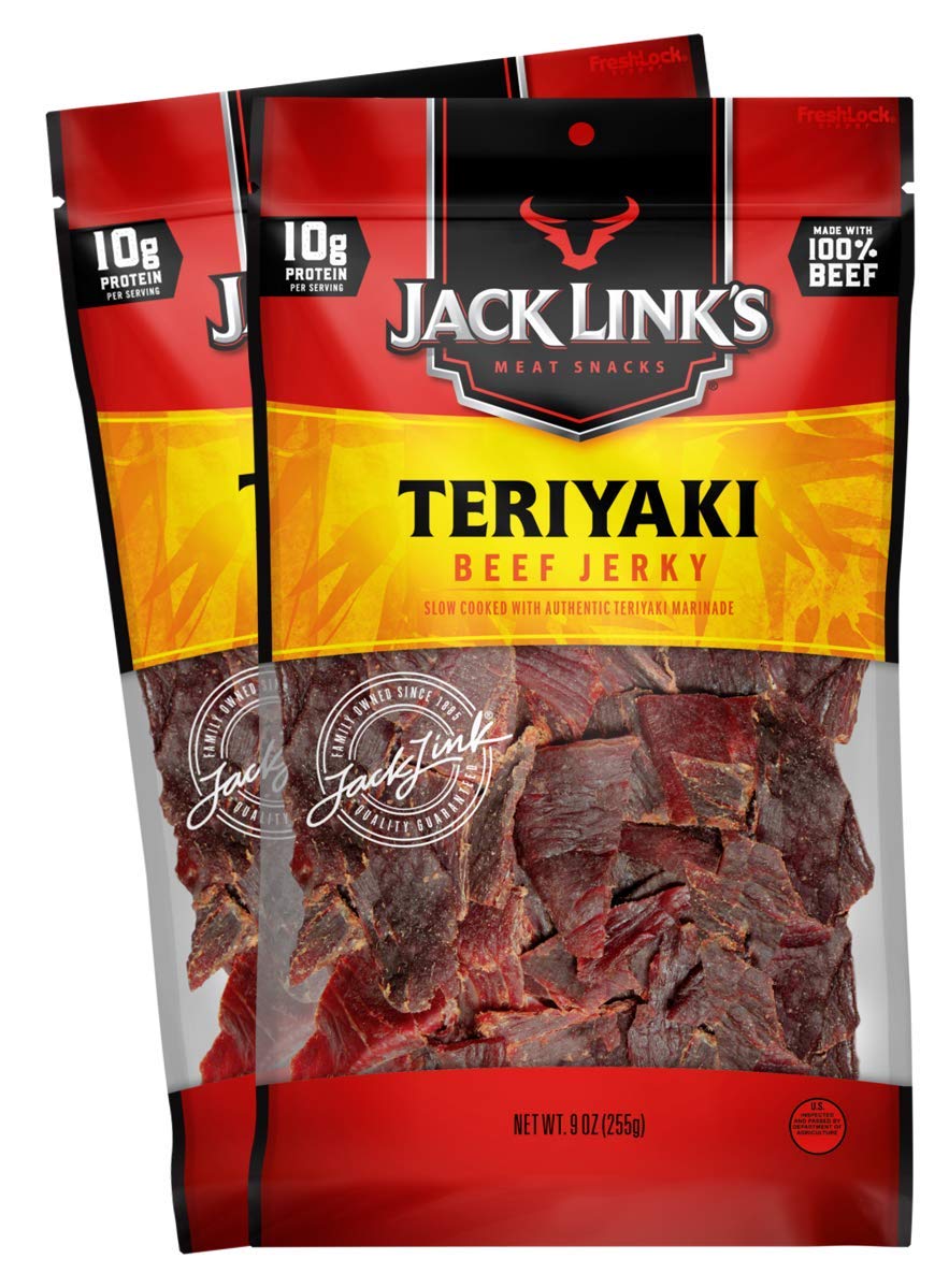 Jack Link’s Beef Jerky, Teriyaki, (2) 9 oz. Bags – Flavorful Everyday Snack, 10g of Protein and 80 Calories, Made with 100% Premium Beef, Soy, Ginger and Onion - 96% Fat Free, No Added MSG
