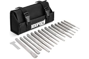 KOOPOOL Punch and Chisel Set Heavy Duty, 16pcs CR-V Steel 5 Taper Punch，3 Cold Chisel, 2 Center Punch, 5 Pin Punch Set with Roll-Up Pouch for Metal, Wood, and Automotive Projects（16pcs）