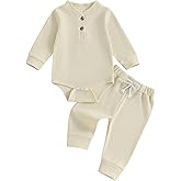allshope Newborn Baby Boy Fall Outfit Romper Long Sleeve Solid Jumpsuit Bodysuit Elastic Waist Pants Infant Waffle Clothes