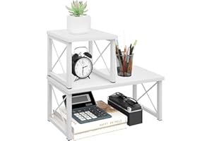 ELITEROO Wood Desktop Shelf, Freestanding Small Bookshelf Dorm Supplies Organizers, 2 Tier Independent Stackable Desk Stand, Adjustable Storage Organizer, Kitchen Counter Display Rack, White