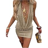 Floerns Women's Sparkly Beach Dress Knitted Draped Swimwear Cowl Neck Vacation Outfit Halter Dress Cover Up