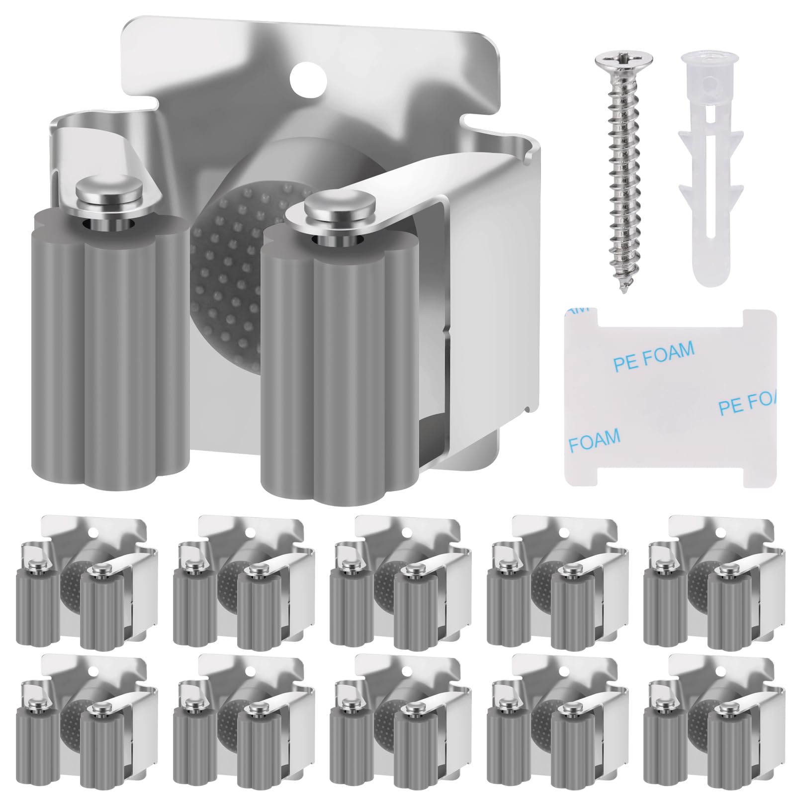 Hejo 10 Packs Broom Mop Holder Wall Mounted, Heavy Duty Mop Holder,Stainless Steel Brush Holders Ideal for Bathroom, Kitchen, Garage, Garden Tool Organizer, Brush Mops and Broom Gripper (Grey)