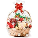 Large Christmas Snowflake Cellophane Bags, 15 Pcs Christmas Gift Bags, 20x28 Inch Plastic Cellophane Bags for Gift Baskets, Clear Gift Basket Bag Wrapp with Pull Bows for Xmas Holiday Party Supplies