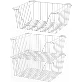 blitzlabs Stackable Wire Metal Baskets Cabinet Organizer Sturdy Metal Wire Pantry Freezer Bin with Handle for Kitchen Fruit Vegetable Organization, White, 3Packs