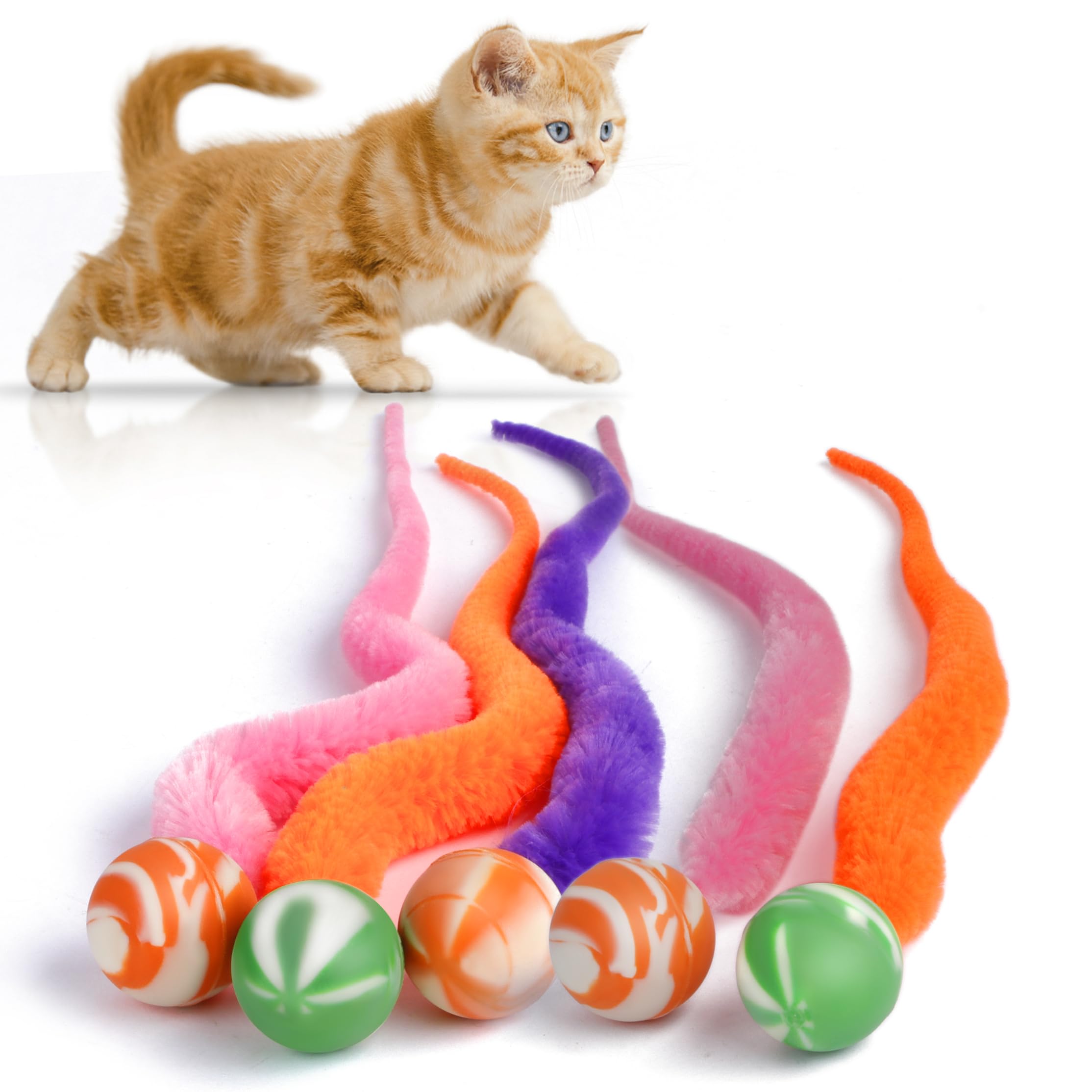 SHENGSEN Bouncy Ball with Tail Cat Toys-5 Packs,Magic Worm with Large Colorful Ball Toy for Cats,Fuzzy Worm Bouncy Balls Cat Toy