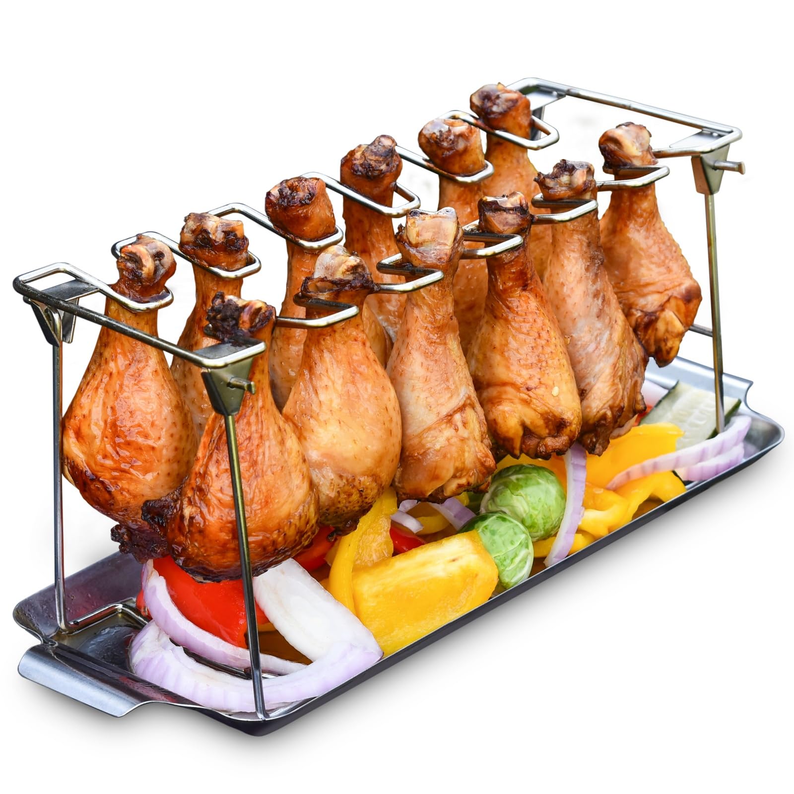 Photo 1 of Chicken Leg Rack for Grill with Drip Tray - Easy to Use 12 Slots Chicken Wing Rack - Premium Stainless Steel Chicken Drumstick Rack for Smoker - Chicken Drumstick Holder for Grill Accessories