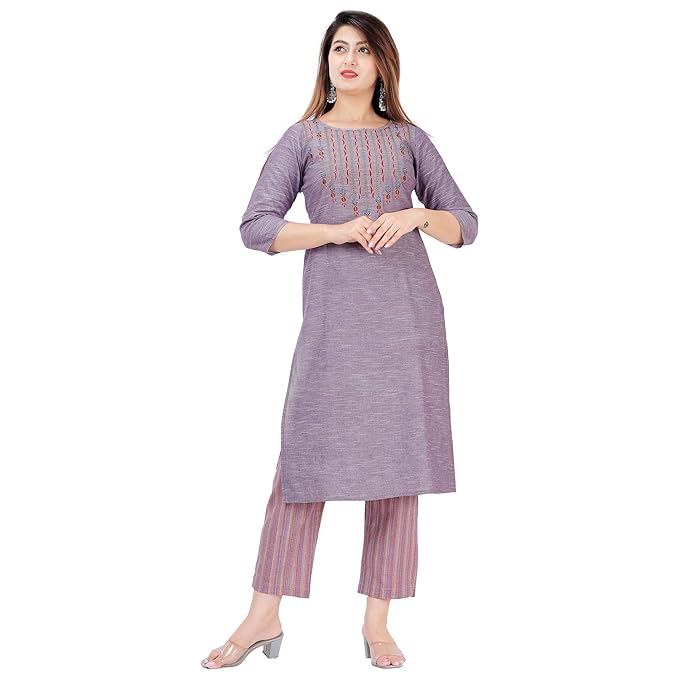Womens Cotton Embroidred Kurta With Printed Pant Set (Purple)
