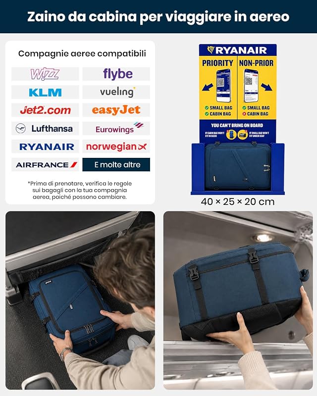Zaino Ryanair 40x20x25, Zaino da Viaggio e Bagaglio a Mano per Aereo, Zaino Porta PC con Apertura a 180° per Wizz Air e EasyJet (40 x 20 x 25 cm, Marina Militare) — foto 2 di 7