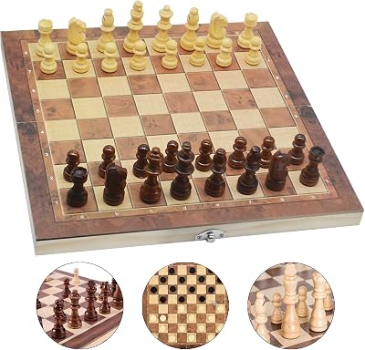 Jsdoin 3 in 1 Chess Set 15.3x15.3 in Wooden Travel Folding Kit