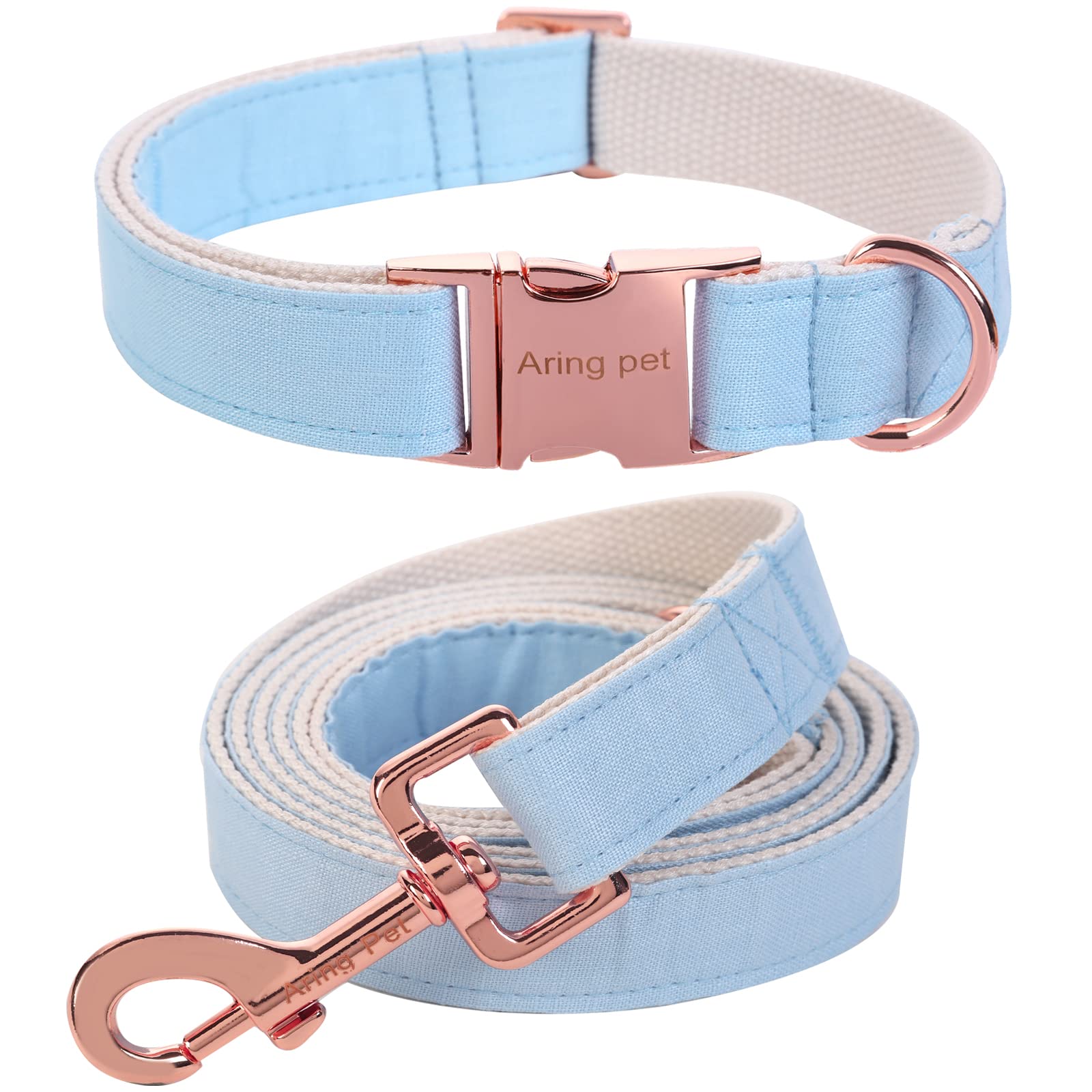ARING PET Dog Collar and Leash Set, Cotton Blue Dog Collar with Leash, Adjustable Spring Dog Leash and Collars with Metal Buckle for Small Medium Large Boy and Girl Dogs