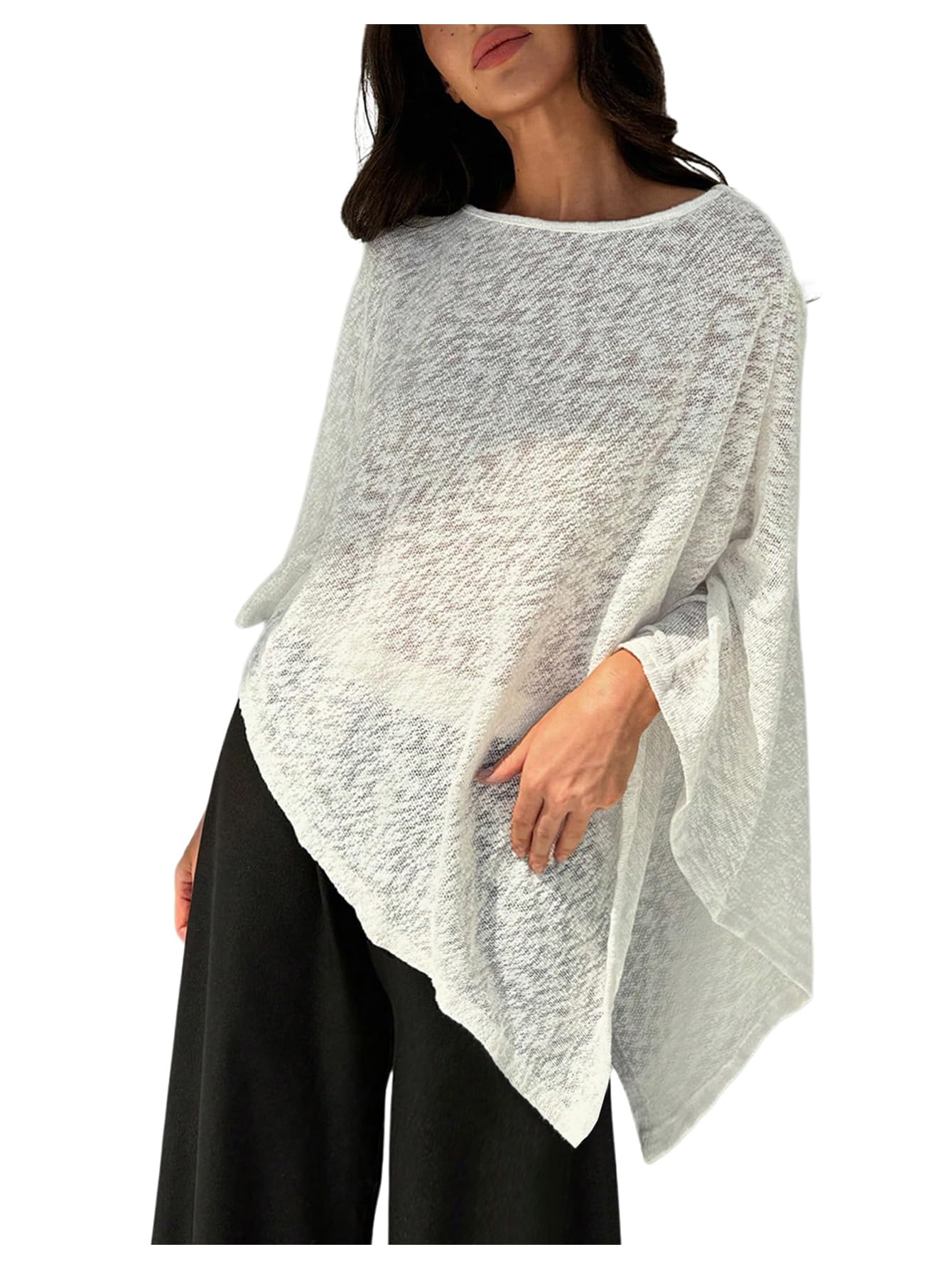 Photo 1 of MakeMeChic Ponchos for Women Sheer Poncho Shawl Wraps Fall Sweaters Asymmetrical Tops Beige X-Small