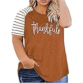 Plus Size Thanksgiving Tshirts Women Thankful Graphic Letter Print T-Shirt Casual Short Sleeve Tee Tops