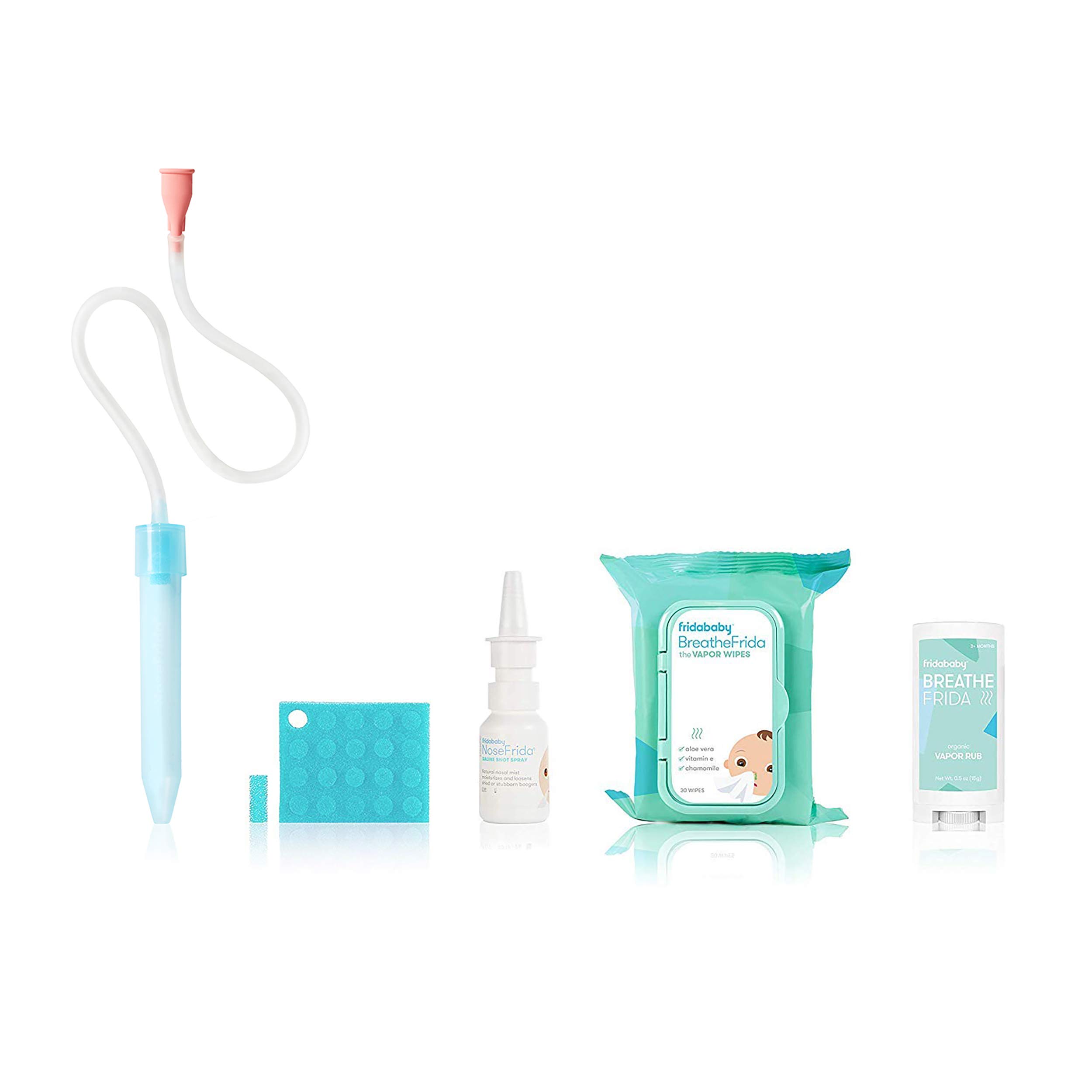 Frida Baby Cold and Flu Relief Set, Congestion Relief Kit, Includes the NoseFrida Nasal Aspirator, Hygiene Filter, Saline Nasal Spray, Baby Vapor Rub & Vapor Nose & Chest Wipes
