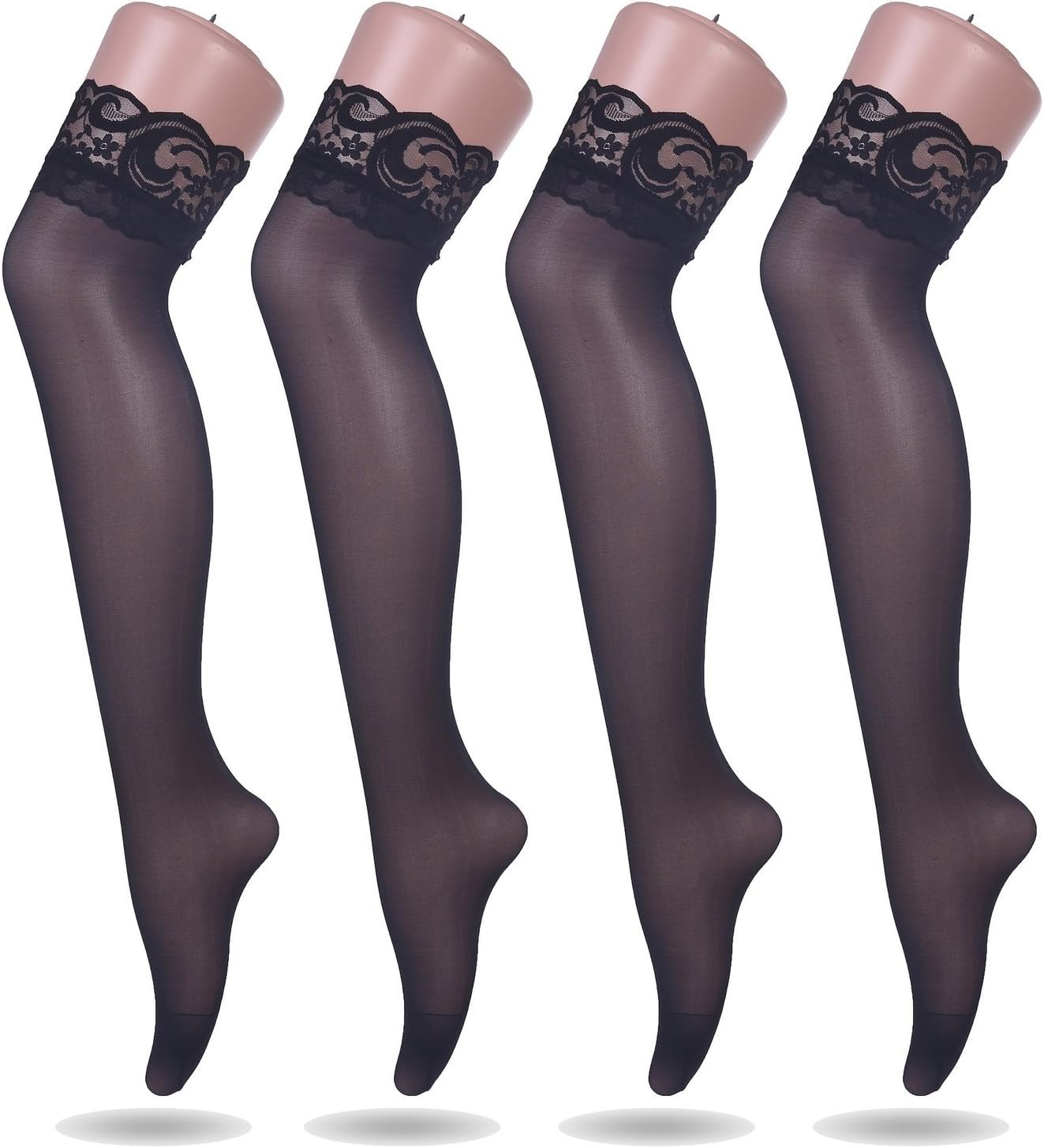 Ruzishun Women's Lace Thigh High Silk Stockings (4 Pairs)