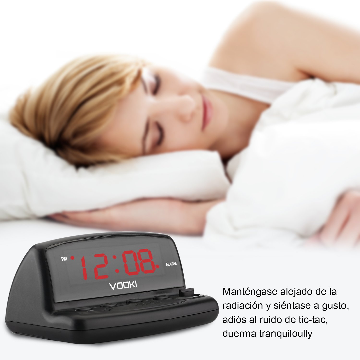 VOOKI Despertador Digital con Cable, Reloj Electrónico con Luz de Mesilla Formato de 12 Horas, Pantalla de Dígitos Rojos, Negro