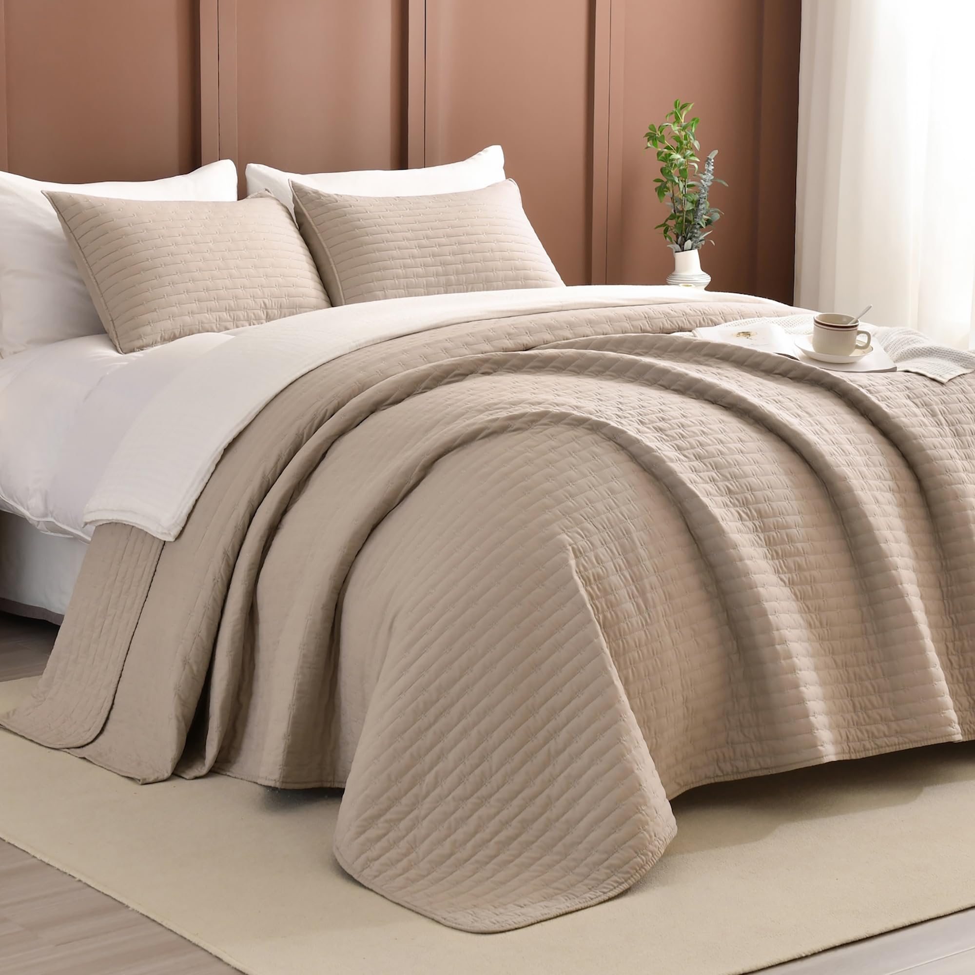 Photo 1 of Masaca Oversized King Bedspread 118x106,3 Piece Linen Colored Lightweight Oversized California King Quilt Ultra Soft Microfiber Coverlet Bedding Set for All Season