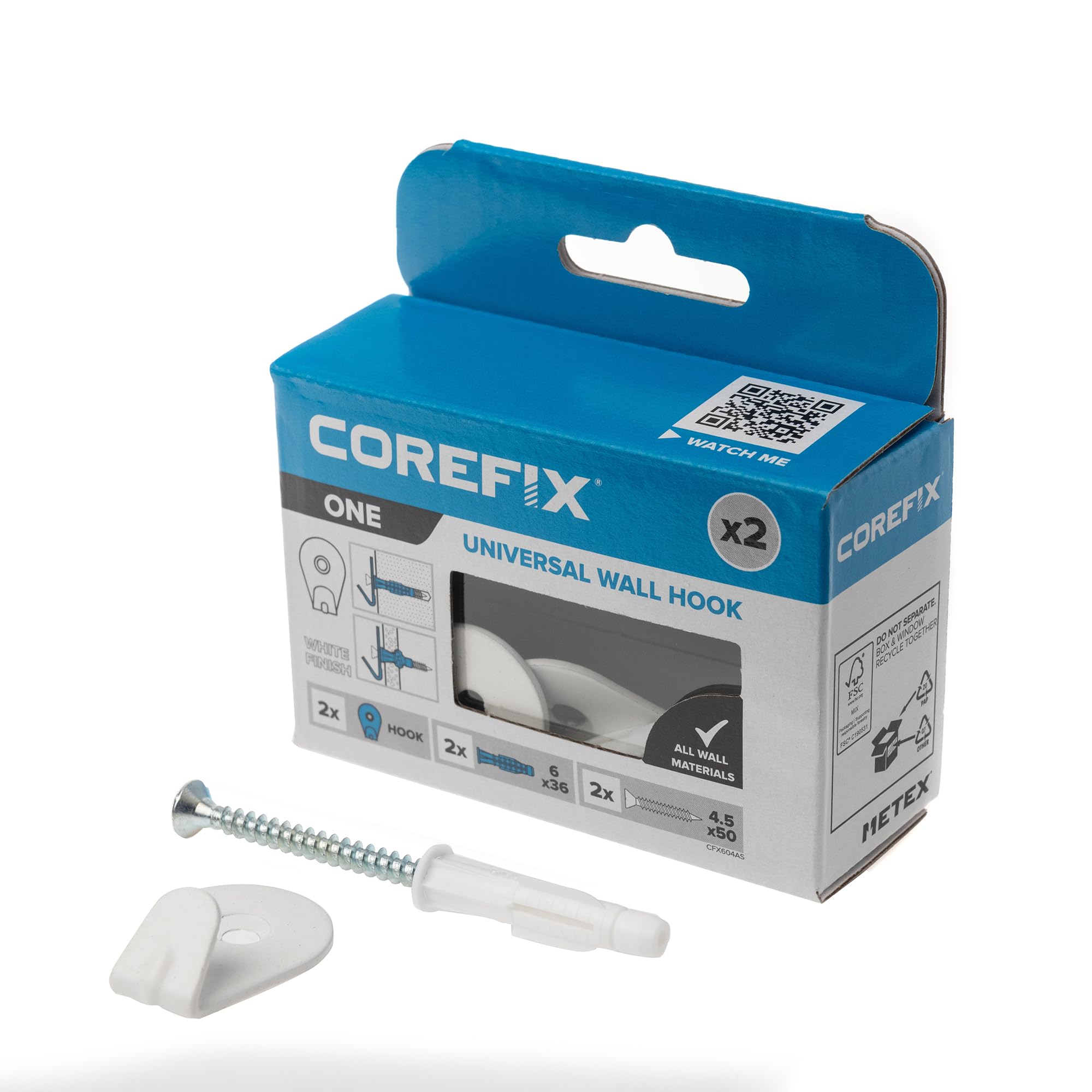 Corefix ONE Wall Hook, Medium Duty Universal Picture Hooks, Wall Hooks for Hanging Frames or Canvas onto Masonry Walls, Timber & Plasterboard. Plasterboard Fixings Kit for Frame Hangers. (White)