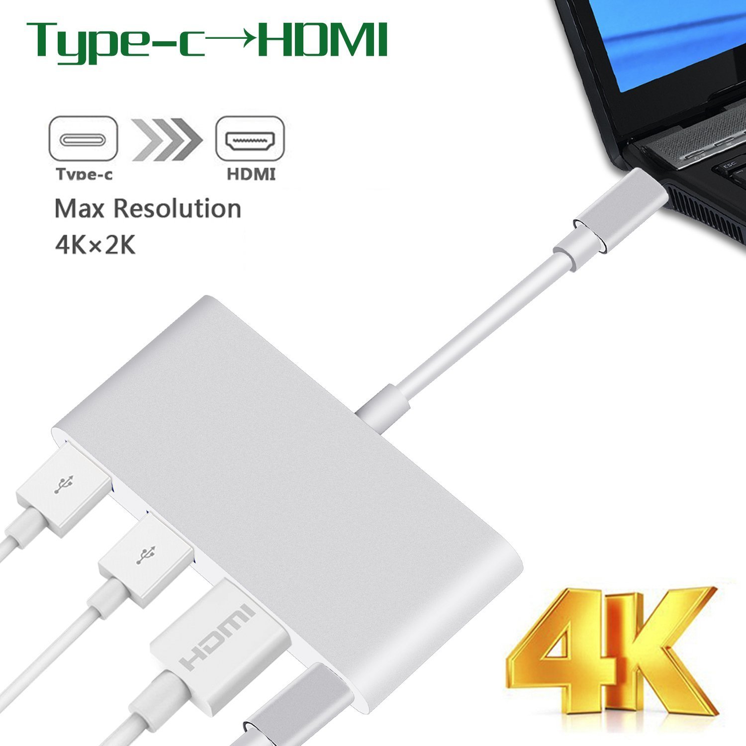 USB-C Hub to HDMI 4K, Type C to HDMI 2 USB3.0 PD Adapter, Portable Converter Adaptor for 2017 MacBook Pro/Samsung Galaxy S8/S8 Plus, Multi-Port Charging & Connecting Adapte (Plug and Play)