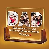 Idiyfun Christmas Personalized Gifts for Dad from Daughter Son Kids, Customized Acrylic Plaque LED Walnut Frame with Photos Night Light, Fathers Day Birthday Gifts for Dad Father PAPA Husband