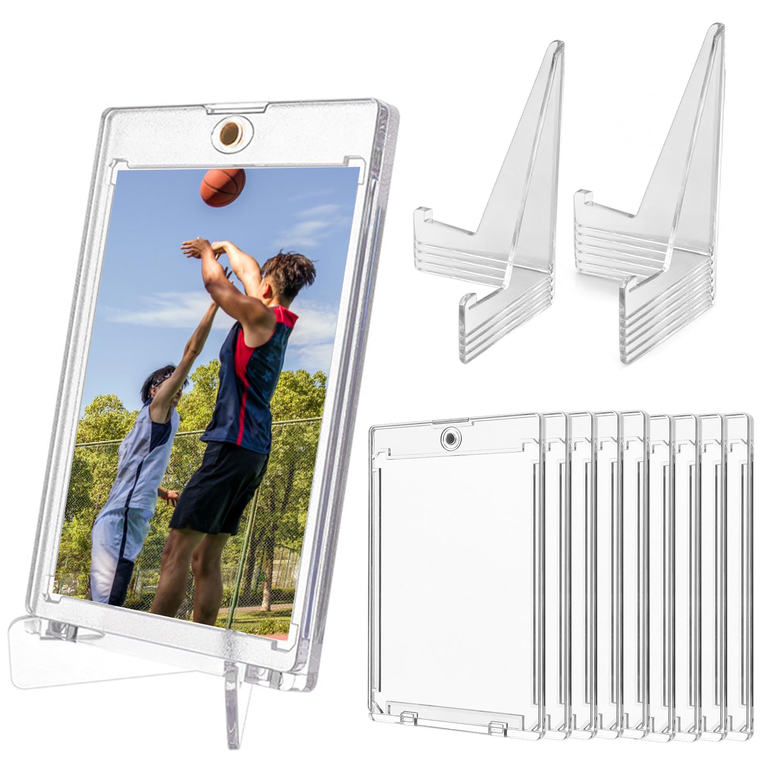 10 PCS Magnetic Card Holder for Trading Cards, 35pt Acrylic Hard Card Sleeves Case Protectors with 10 Display Stands for Sports Game Cards