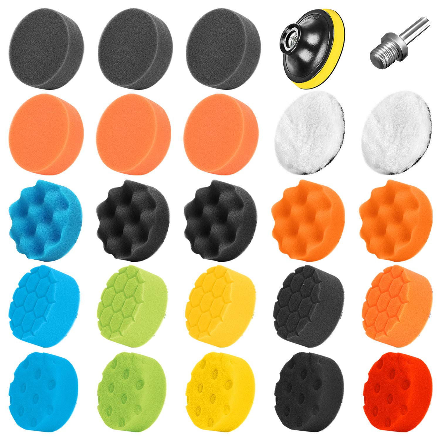 SPTA Car Sponge Polishing pads, 25Pcs Polishing Pads Set, 3 Inch 80mm Car Buffing Pads and Wool Polishing Pads with M14 Drill Adapter for Car Polisher and Electric Drill