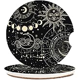 Adastrah Absorbent Car Coasters 2 Pack for Cup Holders, 2.56" Ceramic Stone & Non-Scratch Cork Base Drink Coasters(Moon and Sun)