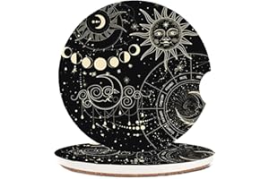 Adastrah Absorbent Car Coasters 2 Pack for Cup Holders, 2.56" Ceramic Stone & Non-Scratch Cork Base Drink Coasters(Moon and Sun)