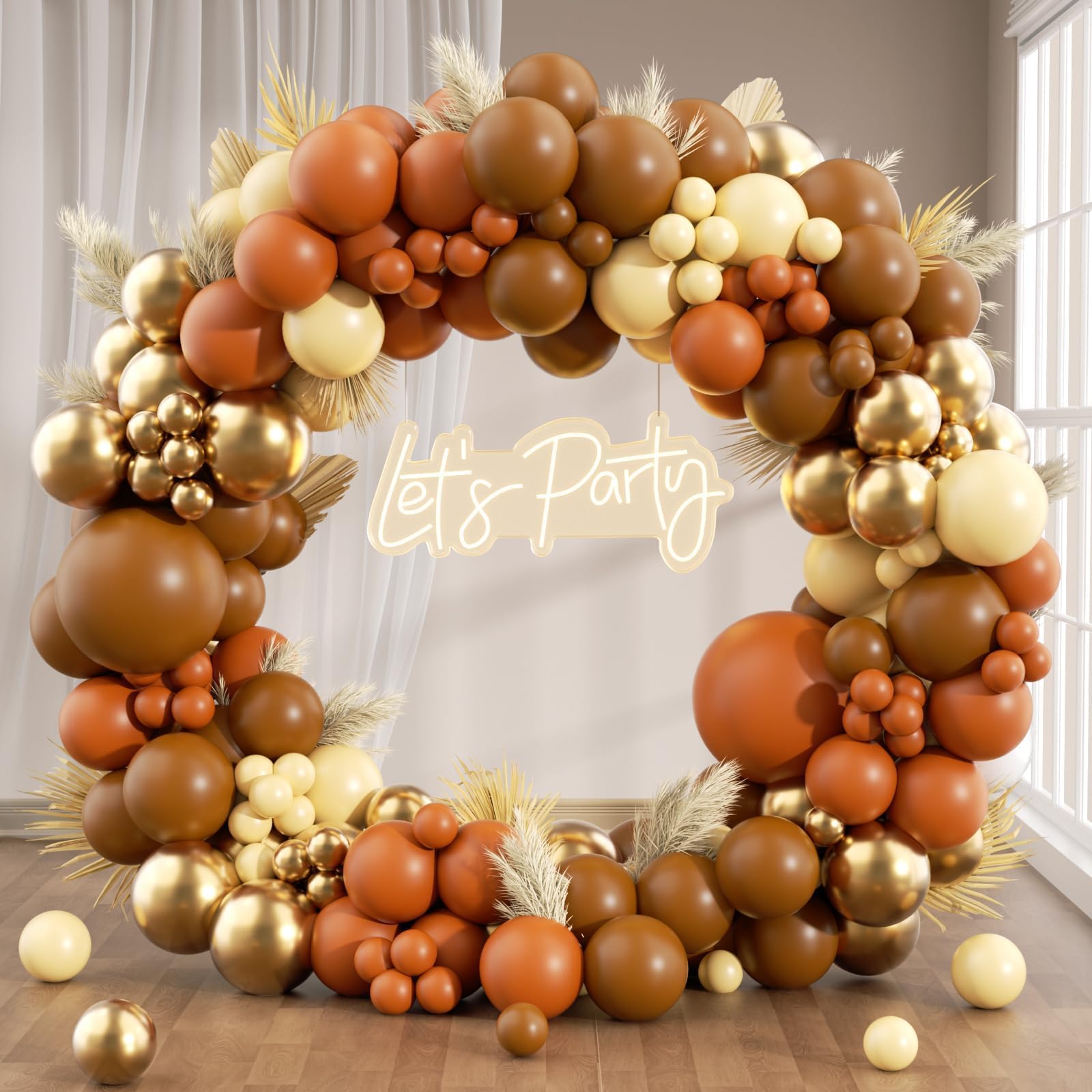 Photo 1 of 140pcs Fall Balloon Arch Kit, Thanksgiving Balloon Garland with Brown Nude Metallic Gold Burnt Orange Balloons for Boho Fall Little Pumpkin Autumn Baby Shower Birthday Party Decorations