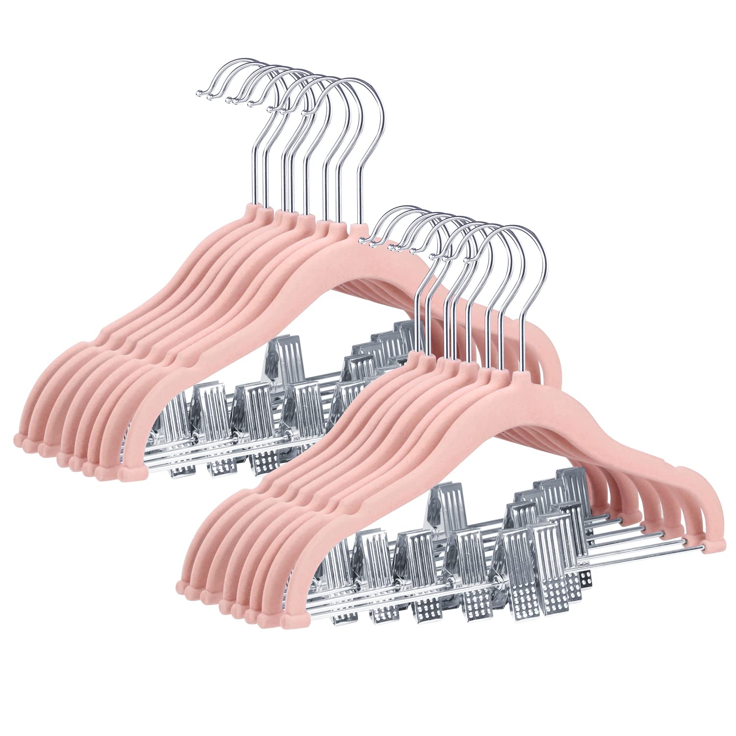 ManGotree 30cm Baby Velvet Hangers with Movable Clips, Non-slip Kids Clothes Hangers, Ultra-thin Space-saving Children's Felt Hangers for Shirts, Pants, Dresses, Skirts, Jackets (16 Pack, Pink)