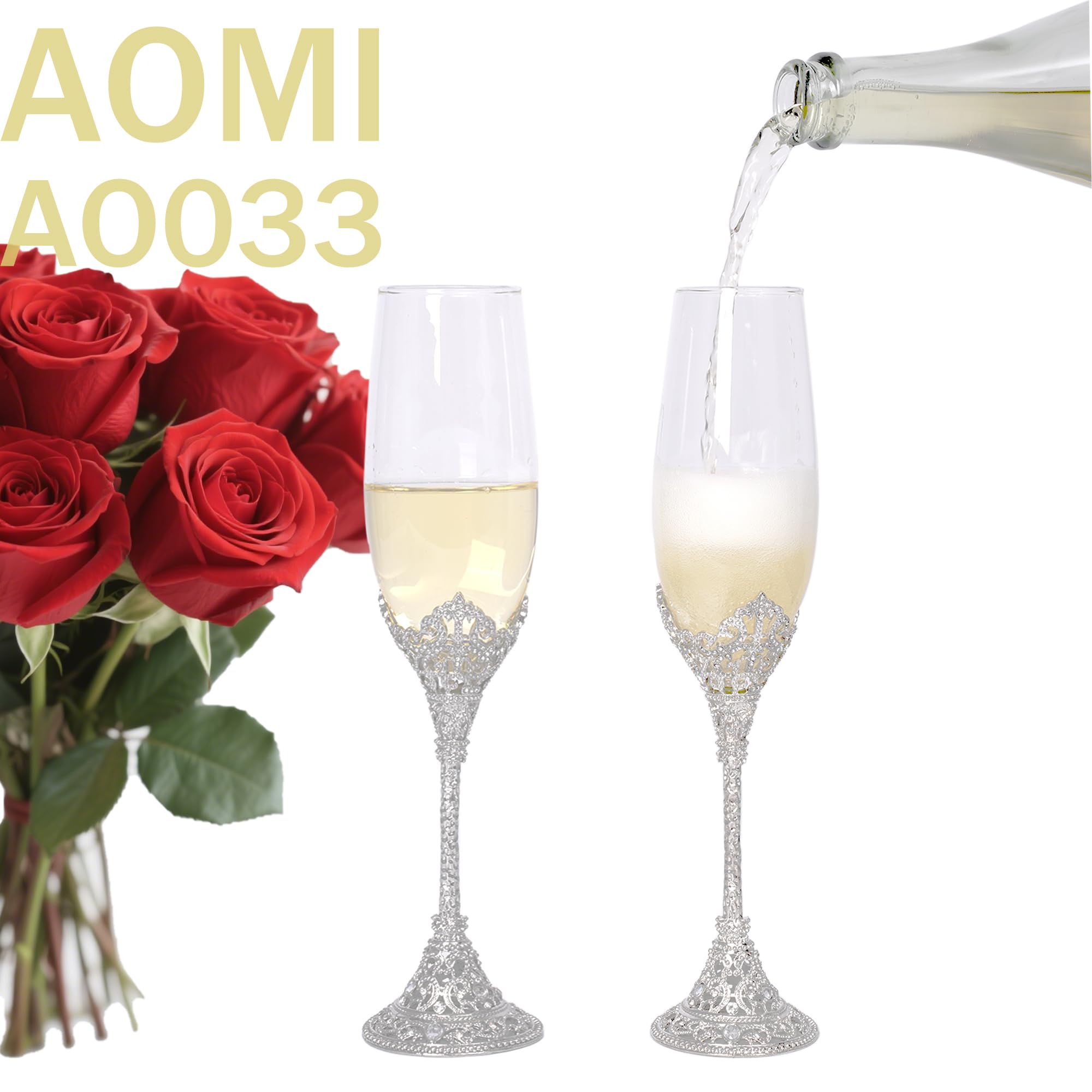 Wedding Champagne Flutes Toasting Glasses, Silver 7oz Toasting Flute Pair Crystal Metal Base with Sparkling Crystals for Wedding Anniversary Party Birthday Banquet and Gift for Bride Groom Giftboxed