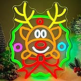 Christmas Neon Sign Wreath Elk Neon Sign for Wall Decor Deer Led Neon Christmas Lights Dimmable Reindeer Light Up Signs for Window Wall Art for Bedroom Festival Xmas Party Home Decoration Gift