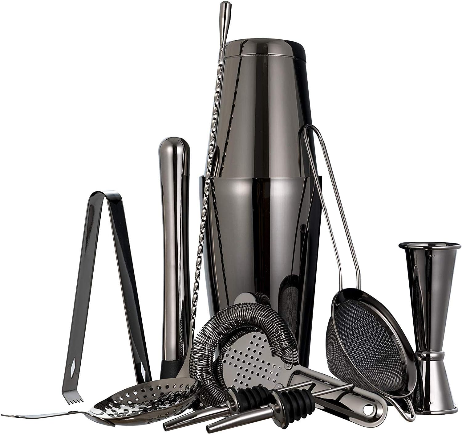 11 Piece Bartender Kit Cocktail Boston Shaker Barware Set Includes 28 and 18 OZ Includes Weighted Shaker Tins Strainer Muddler (Black)