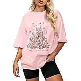 Flafens Oversized Tshirts for Women - Graphic T Shirt Loose Tees Crewneck Sleeve Top Cute Fashion Summer Pattern Print Tops