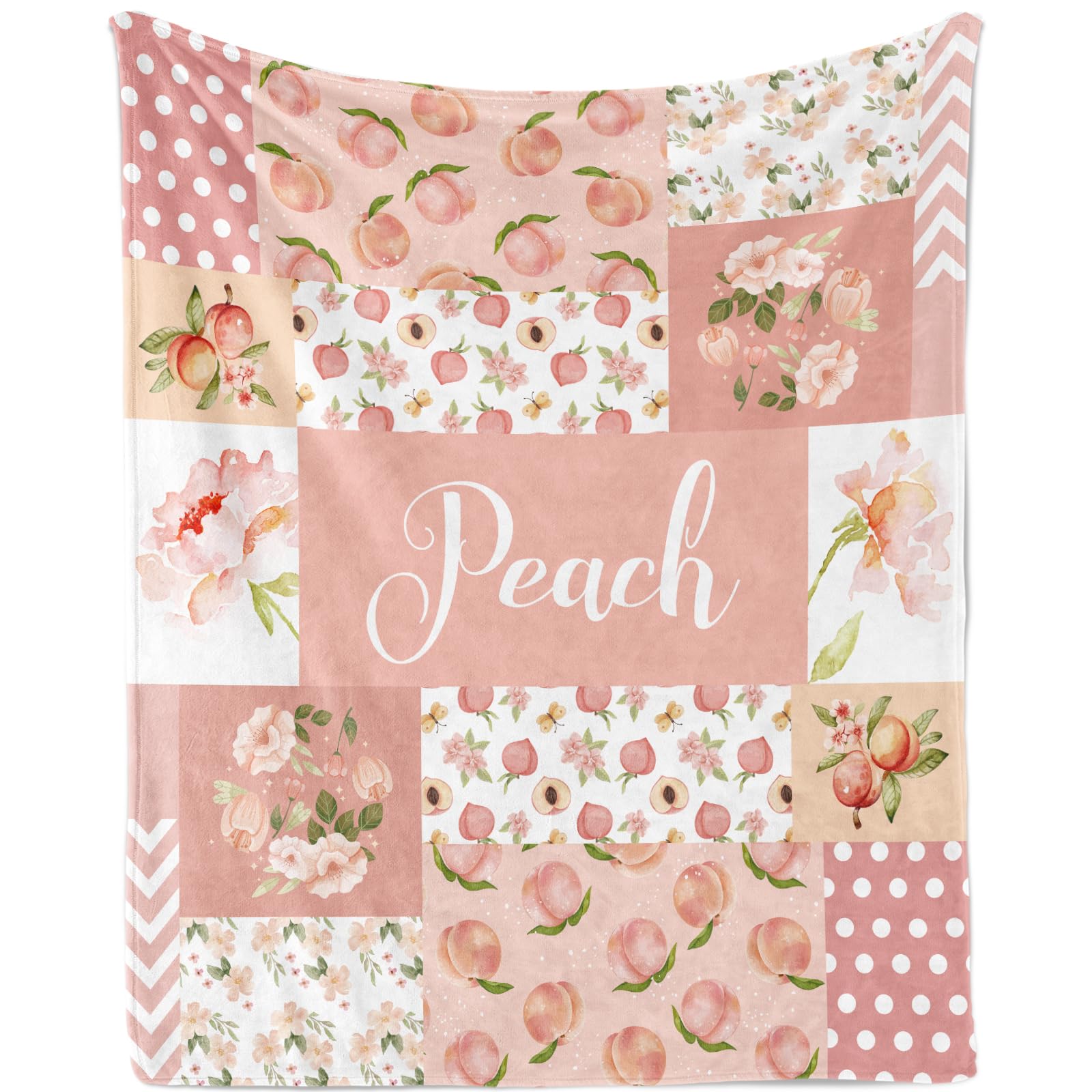 Soft Cozy Peach Throw Blanket for Girls and Teens - Floral Fruit Print, Lightweight Fuzzy Plush Flannel Fleece, Pink, 130x150cm