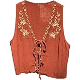WDIRARA Women's Boho Floral Embroidery V Neck Tank Top Tie Front Sleeveless Tops