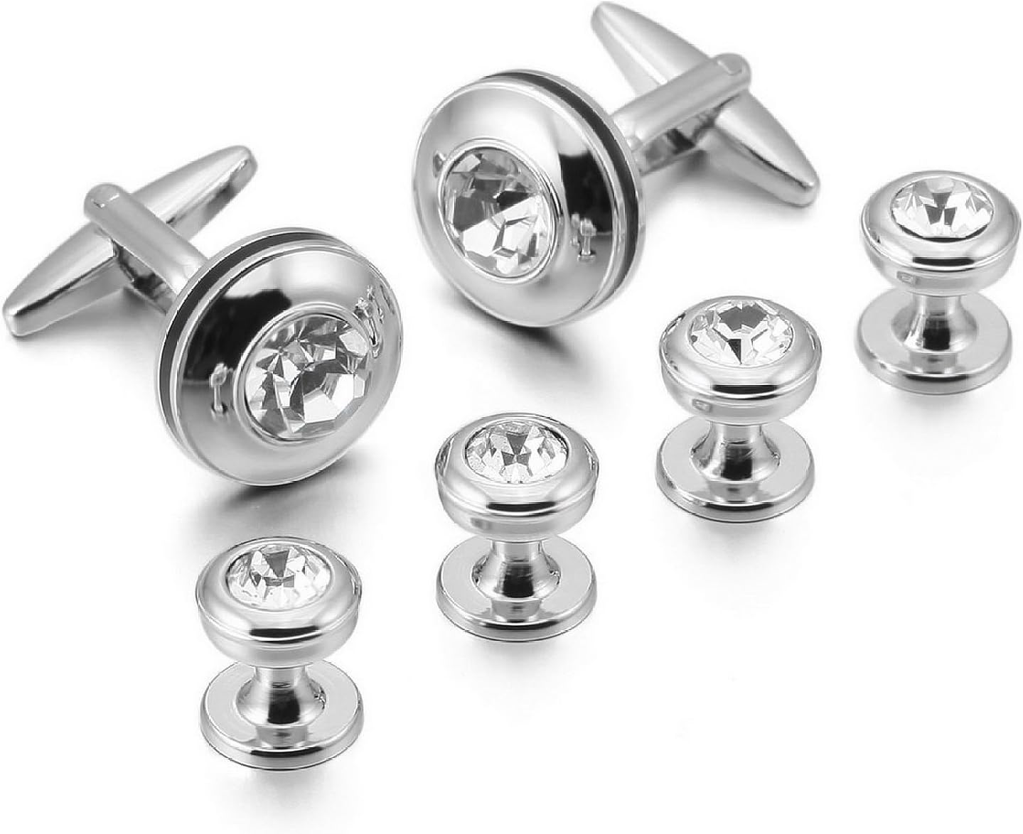 Fayumei TM Rhodium Plated Cuff Buttons Cufflinks Simulated Diamond Silver Studs Set Tuxedo Shirt Cufflinks Wedding Cufflinks Sleeve Button Unique Cuff Links for Men with Gift Box