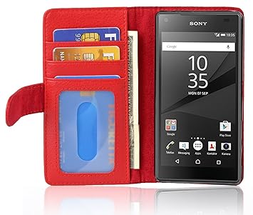 Cadorabo Hülle für Sony Xperia Z5 COMPACT - Hülle in Inferno ROT – Handyhülle mit 3 Kartenfächern - Case Cover Schutzhülle Et
