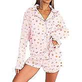 Dressmine Pajama Sets for Women 2 Piece Shorts Cute Button Up Pjs Set Fall Sleepwear Long Sleeve Loungewear Sets