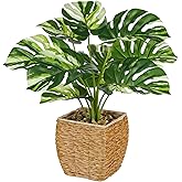 Briful Fake Plants Potted Variegated Monstera Artificial Plants Indoor Realistic Greenery Faux Plants in Square Plastic Rattan Baskets for Home Decor Farmhouse Office Weddings
