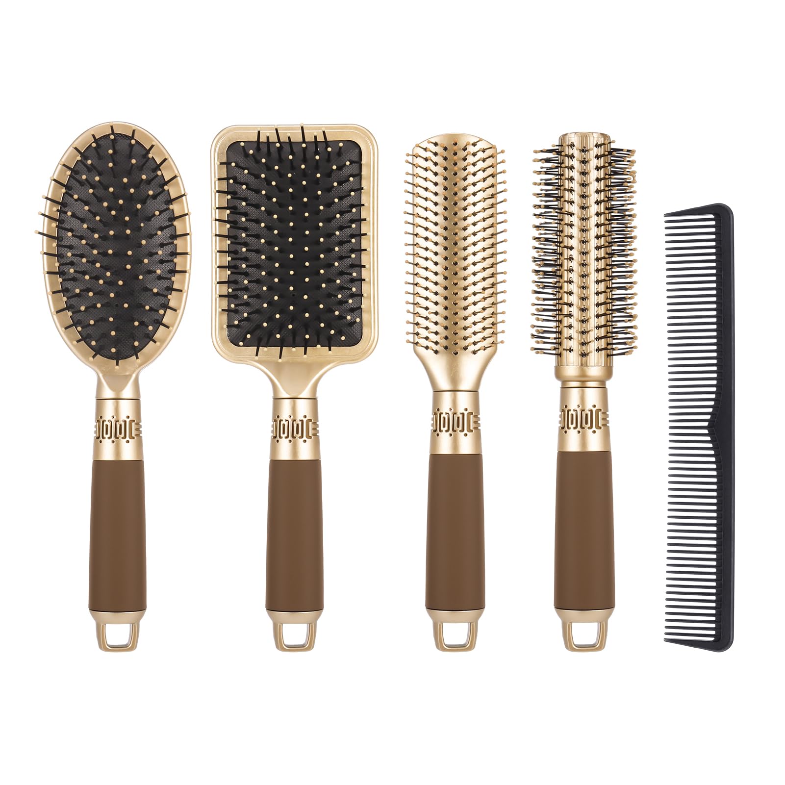 5 Pcs Hair Brush Set,Anti-Static Detangling Kit with Oval,Round,Vent & Paddle Brush for Scalp Massage at Home for Women & Men,Gold