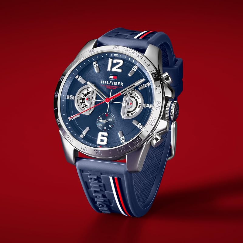 Montre Multifonction Quartz Analogique Homme 46mm - Bracelet en Silicone et Cadran Bleu Marine, 3 sous-Cadrans, Résistante à l'eau 5ATM - 1791476 — photo 4 sur 6