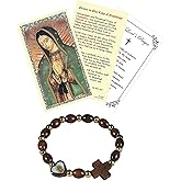 Virgin Mary Bracelet - Our Lady of Guadalupe Set With Prayer Card, The Lord's Prayer | Heart Wood Bracelet With Catholic Card | Virgen De Guadalupe Set of 3 Items