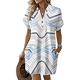 kipfall Summer Dresses for Women 2026 Button V Neck Striped T Shirts Dress Trendy Basic Outfits