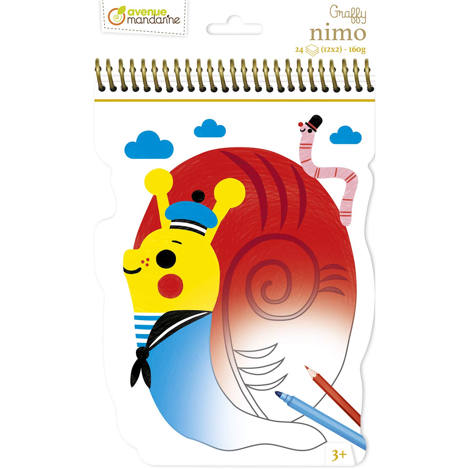 Avenue Mandarine - Ref GY112C - Graffy Nimo Spiral Colouring Book - Snail Designs - 24 Colouring Pages, 15 x 25.5cm, 160gsm Drawing Paper, 12 Designs, Suitable for Ages 3+