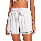 Dokotoo Womens Shorts Summer Casual Loose Elastic Waist Drawstring Lace Boho Beach Cover Up Shorts