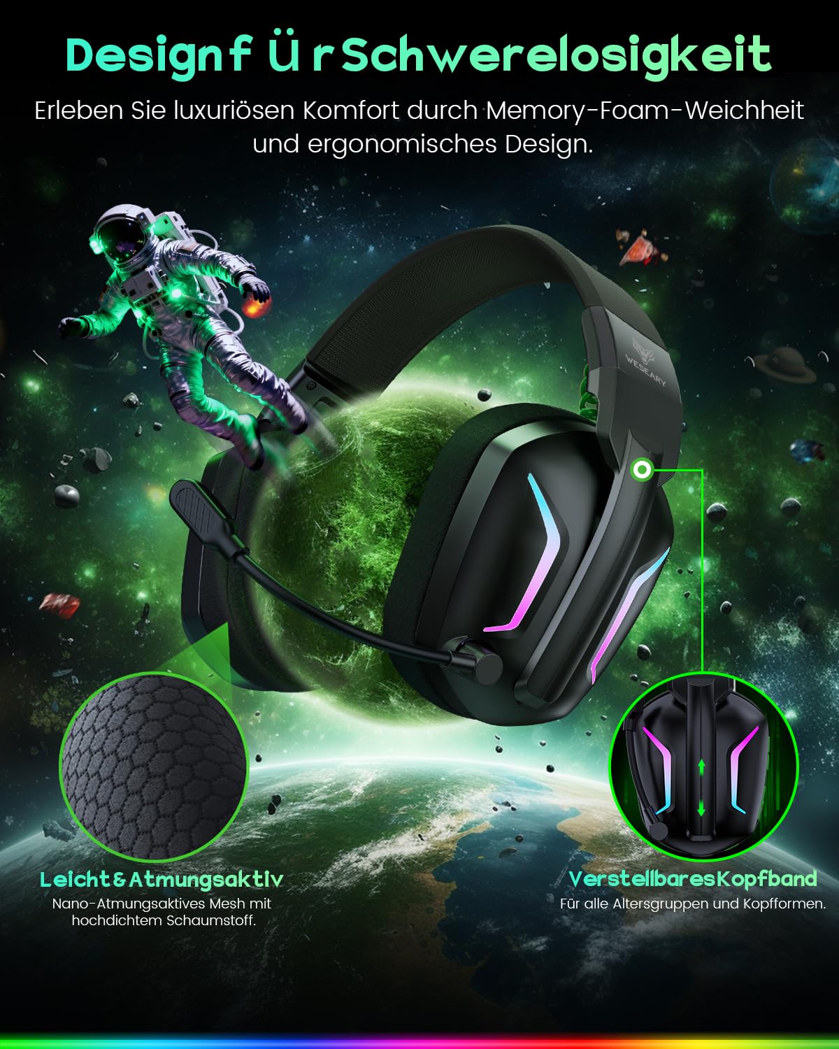 WESEARY Gaming Headset Wireless mit Mikrofon für PS5 PS4 PC Switch Handy 7
