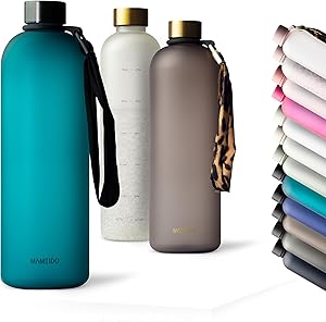 MAMEIDO Trinkflasche mit Zeitmarkierung 1,5 l Kohlensäure geeignet, auslaufsichere Water Bottle, Wasserflasche BPA frei für Sport, Gym & Büro (Tropical Breeze)